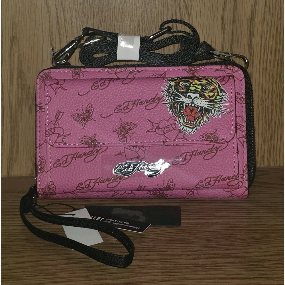 Ed Hardy Wallet crossbody wristlet Pink Tiger Logo NWT Multi Compartment